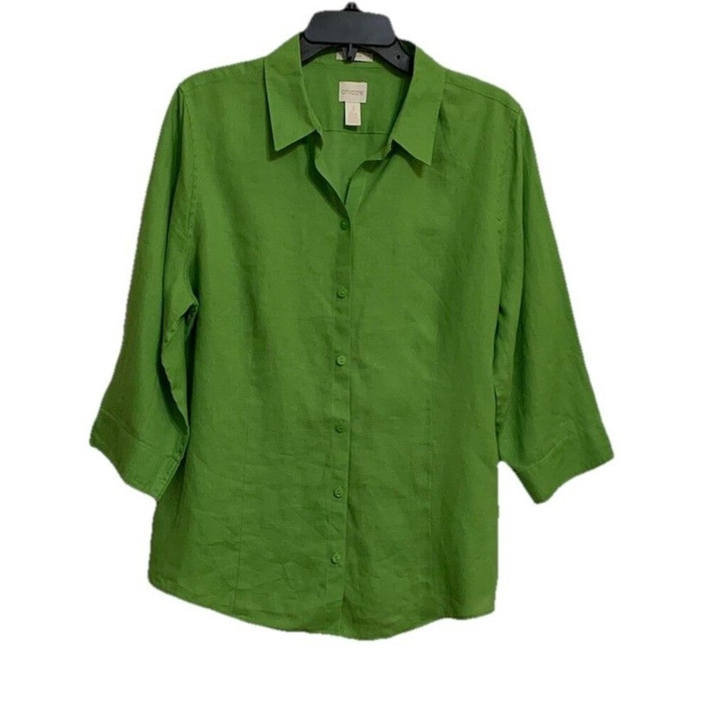 Chicos Size 2 Womens Large Top No Iron Linen Lime Green Front And Back Buttons